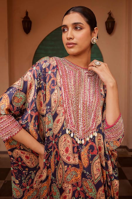 Buy Nidhika Shekhar Blue Crepe Sequins, Cut Work Round Neck Jalsa Paisley Print Kaftan And Pant Set Online at Aza Fashions Buy_Nidhika Shekhar_Blue Crepe Sequins, Cut Work Round Neck Jalsa Paisley Print Kaftan And Pant Set _Online_at_Aza_Fashions
