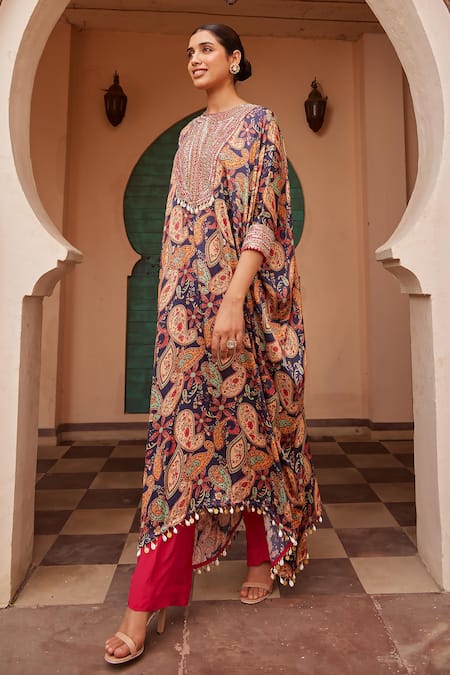 Shop Nidhika Shekhar Blue Crepe Sequins, Cut Work Round Neck Jalsa Paisley Print Kaftan And Pant Set Online at Aza Fashions Shop_Nidhika Shekhar_Blue Crepe Sequins, Cut Work Round Neck Jalsa Paisley Print Kaftan And Pant Set _Online_at_Aza_Fashions