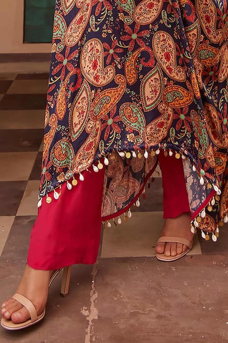 Nidhika Shekhar Blue Crepe Sequins, Cut Work Round Neck Jalsa Paisley Print Kaftan And Pant Set at Aza Fashions Nidhika Shekhar_Blue Crepe Sequins, Cut Work Round Neck Jalsa Paisley Print Kaftan And Pant Set _at_Aza_Fashions