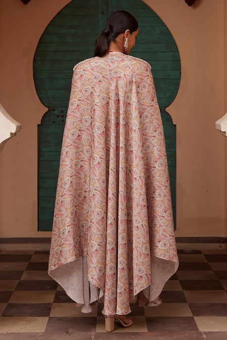 Shop Nidhika Shekhar Beige Cotton Embroidery, Jashan E Bahar Paisley Print Cape Dhoti Skirt Set at Aza Fashions Shop_Nidhika Shekhar_Beige Cotton Embroidery, Jashan E Bahar Paisley Print Cape Dhoti Skirt Set _at_Aza_Fashions