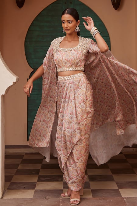 Shop Nidhika Shekhar Beige Cotton Embroidery, Jashan E Bahar Paisley Print Cape Dhoti Skirt Set Online at Aza Fashions Shop_Nidhika Shekhar_Beige Cotton Embroidery, Jashan E Bahar Paisley Print Cape Dhoti Skirt Set _Online_at_Aza_Fashions