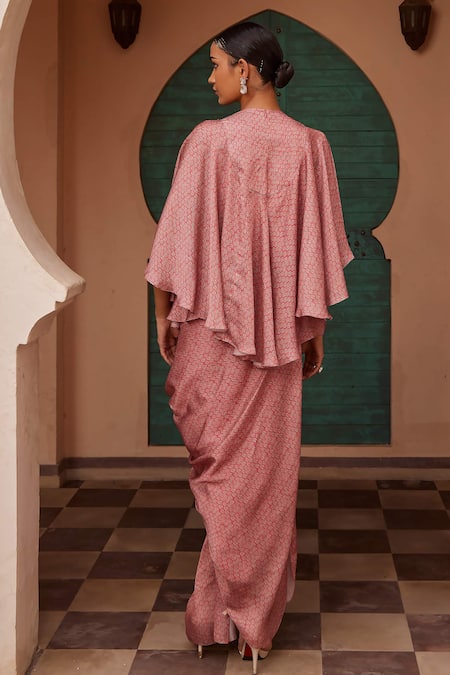 Shop_Nidhika Shekhar_Pink Linen Sequins Round Neck Printed Draped Kurta And Cowl Skirt Set _at_Aza_Fashions