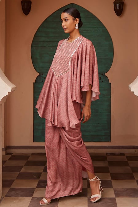 Nidhika Shekhar_Pink Linen Sequins Round Neck Printed Draped Kurta And Cowl Skirt Set _Online_at_Aza_Fashions
