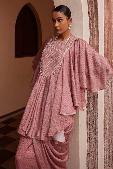 Shop_Nidhika Shekhar_Pink Linen Sequins Round Neck Printed Draped Kurta And Cowl Skirt Set _Online_at_Aza_Fashions