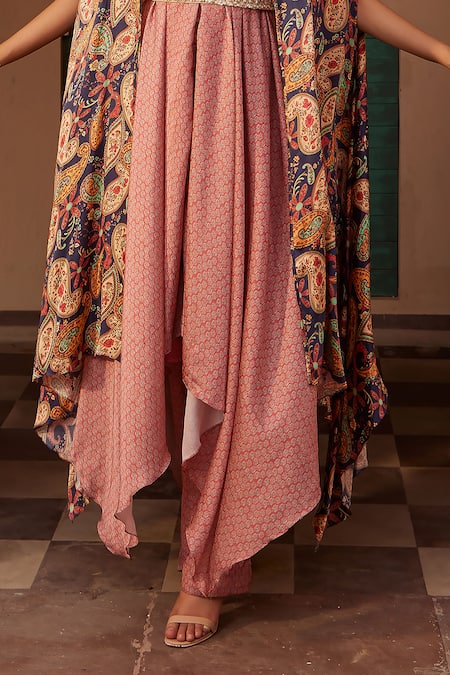 Nidhika Shekhar Pink Silk Cut Work, Embroidery, Sequins, Floral Print Draped Kurta Set With Cape Online at Aza Fashions Nidhika Shekhar_Pink Silk Cut Work, Embroidery, Sequins, Floral Print Draped Kurta Set With Cape _Online_at_Aza_Fashions