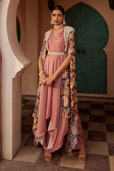 Buy Nidhika Shekhar Pink Silk Cut Work, Embroidery, Sequins, Floral Print Draped Kurta Set With Cape Online at Aza Fashions Buy_Nidhika Shekhar_Pink Silk Cut Work, Embroidery, Sequins, Floral Print Draped Kurta Set With Cape _Online_at_Aza_Fashions