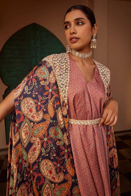 Shop Nidhika Shekhar Pink Silk Cut Work, Embroidery, Sequins, Floral Print Draped Kurta Set With Cape Online at Aza Fashions Shop_Nidhika Shekhar_Pink Silk Cut Work, Embroidery, Sequins, Floral Print Draped Kurta Set With Cape _Online_at_Aza_Fashions