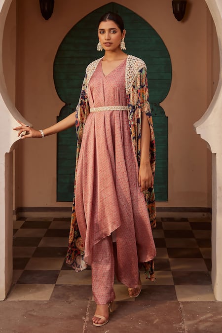 Nidhika Shekhar Pink Silk Cut Work, Embroidery, Sequins, Floral Print Draped Kurta Set With Cape at Aza Fashions Nidhika Shekhar_Pink Silk Cut Work, Embroidery, Sequins, Floral Print Draped Kurta Set With Cape _at_Aza_Fashions
