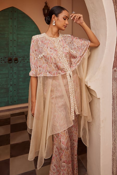 Buy_Nidhika Shekhar_Beige Organza Beads, Sequins Round Paisley Print Draped Kurta And Flared Pant Set _Online_at_Aza_Fashions