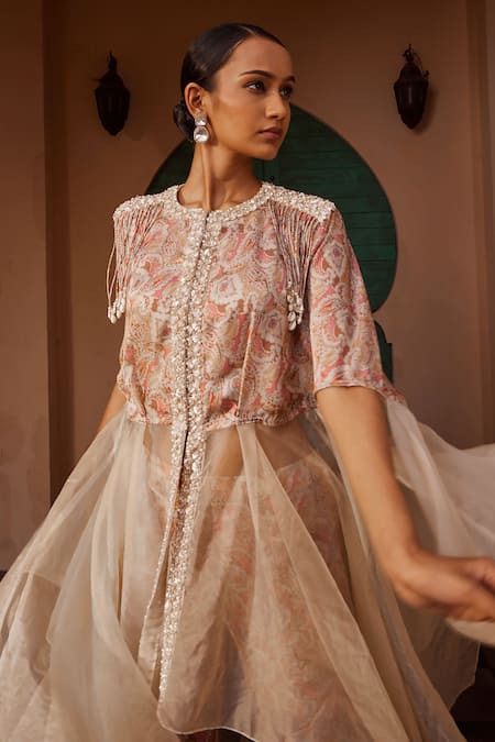 Shop_Nidhika Shekhar_Beige Organza Beads, Sequins Round Paisley Print Draped Kurta And Flared Pant Set _Online_at_Aza_Fashions