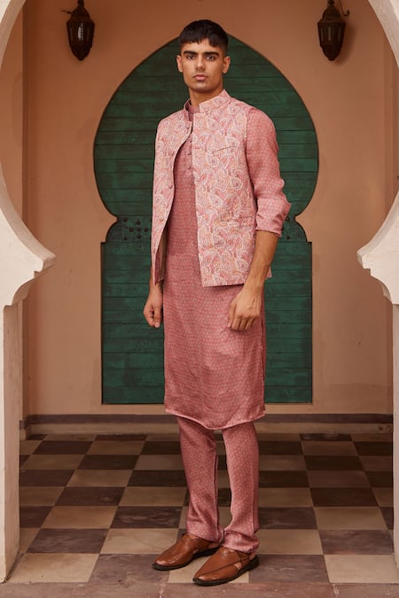 Nidhika Shekhar Beige Cotton Embroidery Paisley Bundi And Pink Kurta Set Online at Aza Fashions Nidhika Shekhar_Beige Cotton Embroidery Paisley Bundi And Pink Kurta Set _Online_at_Aza_Fashions
