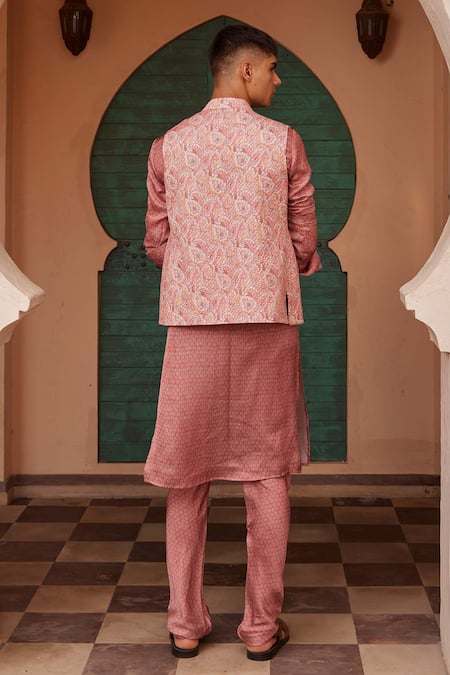 Shop Nidhika Shekhar Beige Silk Embroidery Paisley Print And Bundi at Aza Fashions Shop_Nidhika Shekhar_Beige Silk Embroidery Paisley Print And Bundi _at_Aza_Fashions