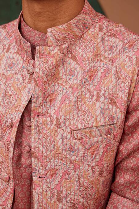 Shop Nidhika Shekhar Beige Silk Embroidery Paisley Print And Bundi Online at Aza Fashions Shop_Nidhika Shekhar_Beige Silk Embroidery Paisley Print And Bundi _Online_at_Aza_Fashions