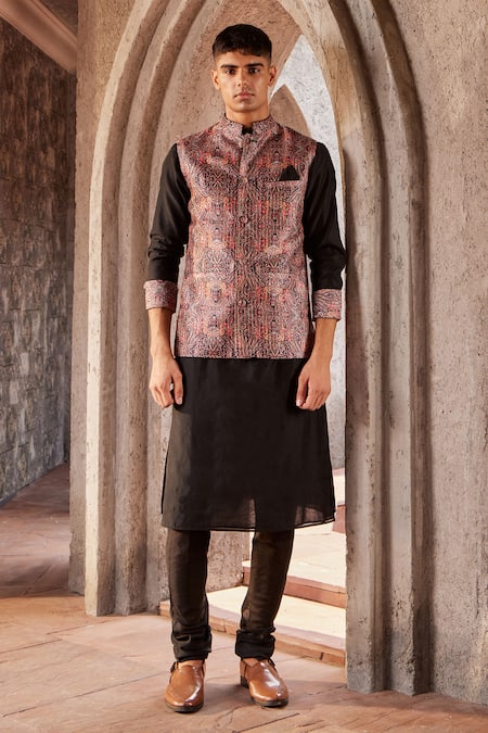 Nidhika Shekhar Black Chanderi, Linen Embroidery Printed Bundi And Kurta Set Online at Aza Fashions Nidhika Shekhar_Black Chanderi, Linen Embroidery Printed Bundi And Kurta Set _Online_at_Aza_Fashions