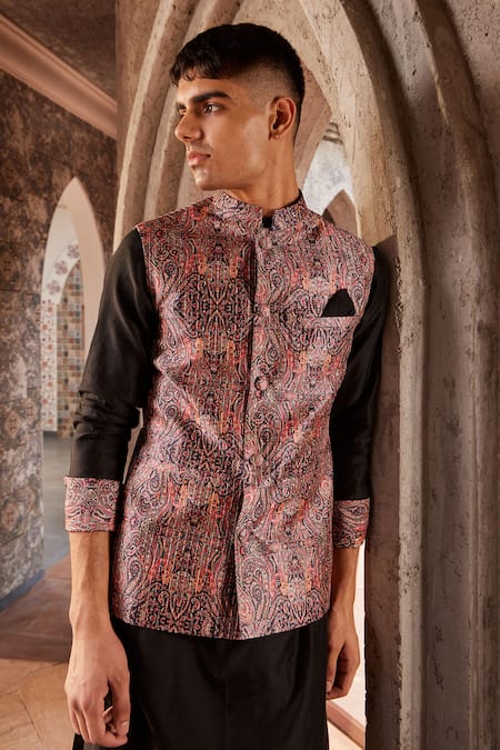 Nidhika Shekhar Black Chanderi, Linen Embroidery Printed Bundi And Kurta Set at Aza Fashions Nidhika Shekhar_Black Chanderi, Linen Embroidery Printed Bundi And Kurta Set _at_Aza_Fashions