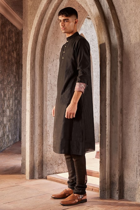 Shop Nidhika Shekhar Black Chanderi Embroidery Sleeve Printed Kurta Set at Aza Fashions Shop_Nidhika Shekhar_Black Chanderi Embroidery Sleeve Printed Kurta Set _at_Aza_Fashions