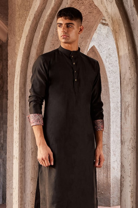 Nidhika Shekhar Black Chanderi Embroidery Sleeve Printed Kurta Set Online at Aza Fashions Nidhika Shekhar_Black Chanderi Embroidery Sleeve Printed Kurta Set _Online_at_Aza_Fashions