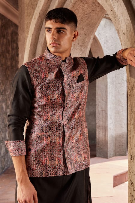 Shop Nidhika Shekhar Black Silk Embroidery Paisley Print Sleeveless Bundi Online at Aza Fashions Shop_Nidhika Shekhar_Black Silk Embroidery Paisley Print Sleeveless Bundi _Online_at_Aza_Fashions