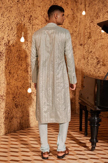 Shop Nidhika Shekhar Aqua Silk, Chanderi Embroidery Metallic Geometric Bundi And Kurta Set at Aza Fashions Shop_Nidhika Shekhar_Aqua Silk, Chanderi Embroidery Metallic Geometric Bundi And Kurta Set _at_Aza_Fashions