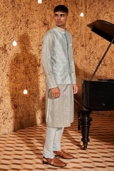 Shop Nidhika Shekhar Aqua Silk, Chanderi Embroidery Metallic Geometric Bundi And Kurta Set Online at Aza Fashions Shop_Nidhika Shekhar_Aqua Silk, Chanderi Embroidery Metallic Geometric Bundi And Kurta Set _Online_at_Aza_Fashions