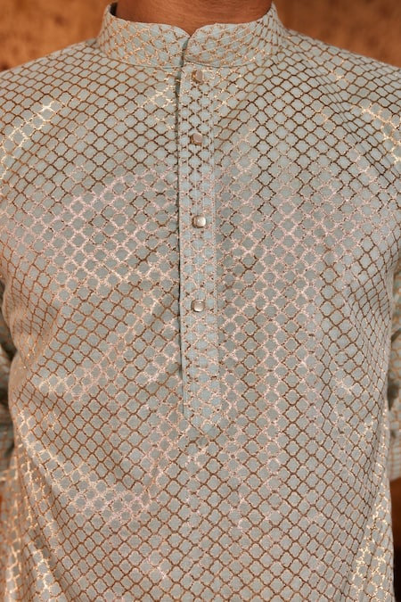 Nidhika Shekhar Blue Chanderi Metallic Thread Mughal Pattern Kurta Set at Aza Fashions Nidhika Shekhar_Blue Chanderi Metallic Thread Mughal Pattern Kurta Set _at_Aza_Fashions