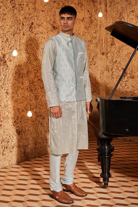 Shop Nidhika Shekhar Aqua Silk Embroidery Geometric Bundi at Aza Fashions Shop_Nidhika Shekhar_Aqua Silk Embroidery Geometric Bundi _at_Aza_Fashions