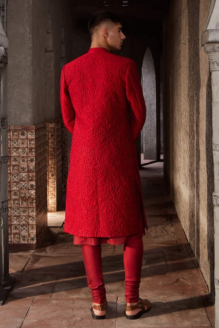 Shop Nidhika Shekhar Red Silk, Chanderi, Linen Embroidery Floral Quilted Pattern Sherwani Set at Aza Fashions Shop_Nidhika Shekhar_Red Silk, Chanderi, Linen Embroidery Floral Quilted Pattern Sherwani Set _at_Aza_Fashions