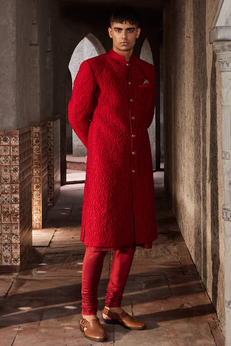 Nidhika Shekhar Red Silk, Chanderi, Linen Embroidery Floral Quilted Pattern Sherwani Set Online at Aza Fashions Nidhika Shekhar_Red Silk, Chanderi, Linen Embroidery Floral Quilted Pattern Sherwani Set _Online_at_Aza_Fashions