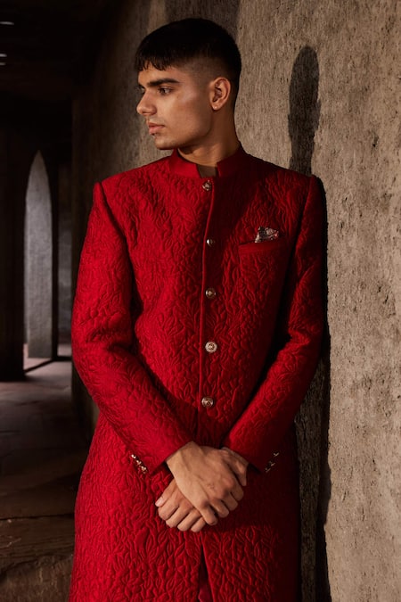 Buy Nidhika Shekhar Red Silk, Chanderi, Linen Embroidery Floral Quilted Pattern Sherwani Set Online at Aza Fashions Buy_Nidhika Shekhar_Red Silk, Chanderi, Linen Embroidery Floral Quilted Pattern Sherwani Set _Online_at_Aza_Fashions