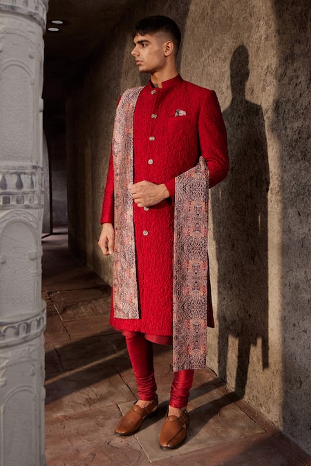 Shop Nidhika Shekhar Red Silk, Chanderi, Linen Embroidery Floral Quilted Pattern Sherwani Set Online at Aza Fashions Shop_Nidhika Shekhar_Red Silk, Chanderi, Linen Embroidery Floral Quilted Pattern Sherwani Set _Online_at_Aza_Fashions
