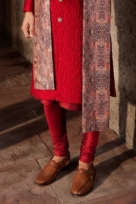 Nidhika Shekhar Red Silk, Chanderi, Linen Embroidery Floral Quilted Pattern Sherwani Set at Aza Fashions Nidhika Shekhar_Red Silk, Chanderi, Linen Embroidery Floral Quilted Pattern Sherwani Set _at_Aza_Fashions
