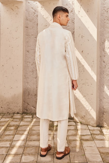 Shop_Nidhika Shekhar_Ivory Silk, Georgette, Cotton Sequins, Beads, Tassels, Stripe Kurta Set _at_Aza_Fashions