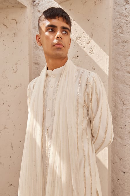 Nidhika Shekhar_Ivory Silk, Georgette, Cotton Sequins, Beads, Tassels, Stripe Kurta Set _Online_at_Aza_Fashions