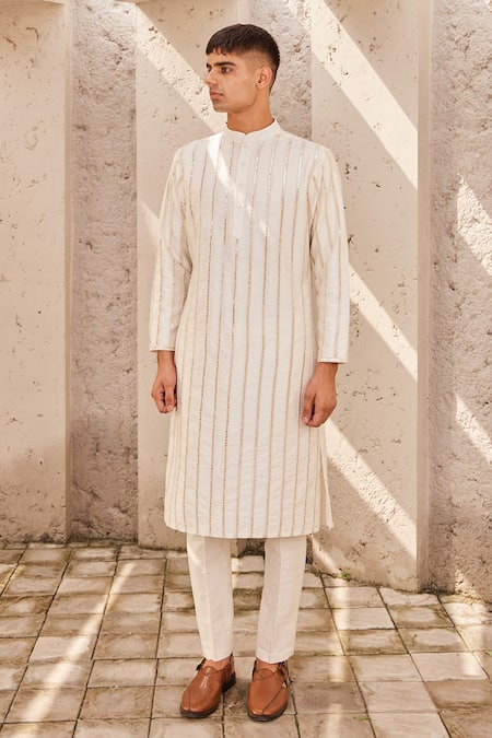 Shop_Nidhika Shekhar_Ivory Silk, Georgette, Cotton Sequins, Beads, Tassels, Stripe Kurta Set _Online_at_Aza_Fashions