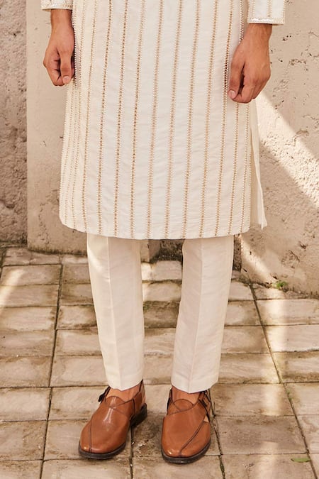 Nidhika Shekhar_Ivory Silk, Georgette, Cotton Sequins, Beads, Tassels, Stripe Kurta Set _at_Aza_Fashions
