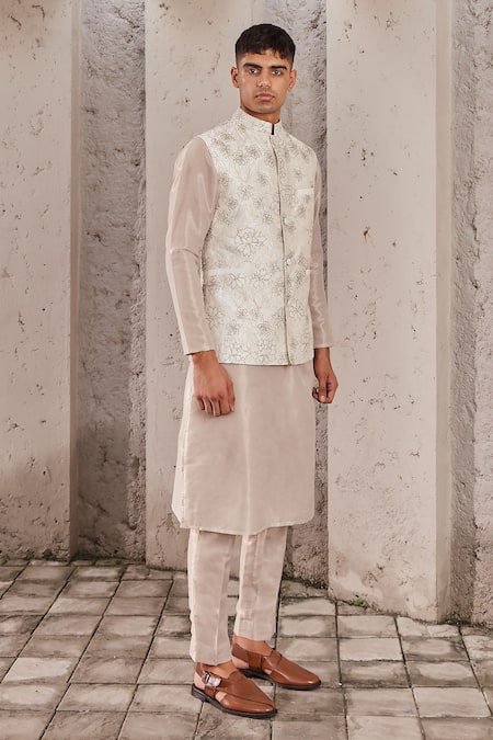 Nidhika Shekhar Ivory Silk, Tissue, Linen Embroidery Floral Bundi And Kurta Set Online at Aza Fashions Nidhika Shekhar_Ivory Silk, Tissue, Linen Embroidery Floral Bundi And Kurta Set _Online_at_Aza_Fashions
