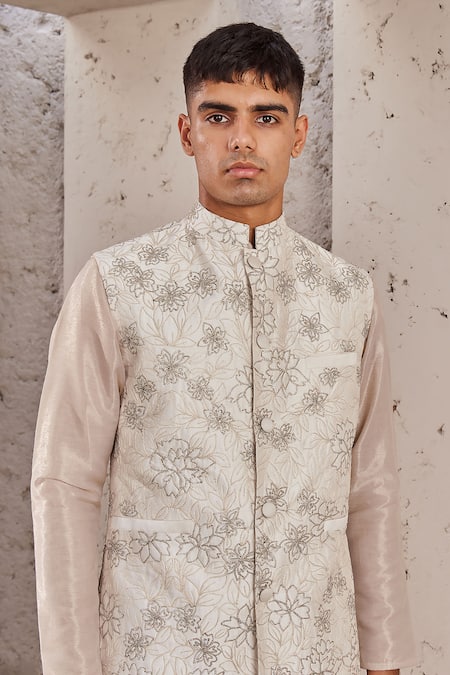 Shop Nidhika Shekhar Ivory Silk Embroidery Floral Bundi Online at Aza Fashions Shop_Nidhika Shekhar_Ivory Silk Embroidery Floral Bundi _Online_at_Aza_Fashions