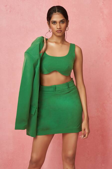 Label Frow Green Brocade, Chiffon Collared Pointed Blazer Skirt Set Online at Aza Fashions Label Frow_Green Brocade, Chiffon Collared Pointed Blazer Skirt Set_Online_at_Aza_Fashions