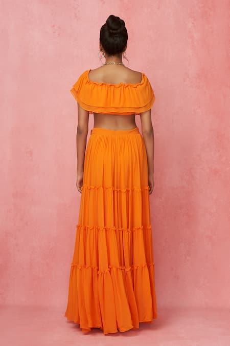 Shop_Label Frow_Orange Viscose Scoop Neck Frilled Crop Top And Skirt Set_at_Aza_Fashions