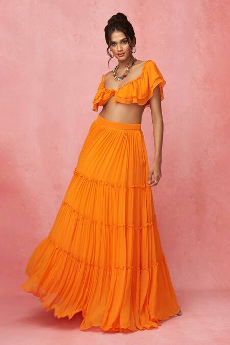 Label Frow_Orange Viscose Scoop Neck Frilled Crop Top And Skirt Set_Online_at_Aza_Fashions
