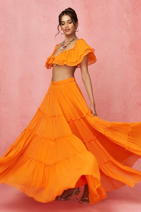 Buy_Label Frow_Orange Viscose Scoop Neck Frilled Crop Top And Skirt Set_Online_at_Aza_Fashions