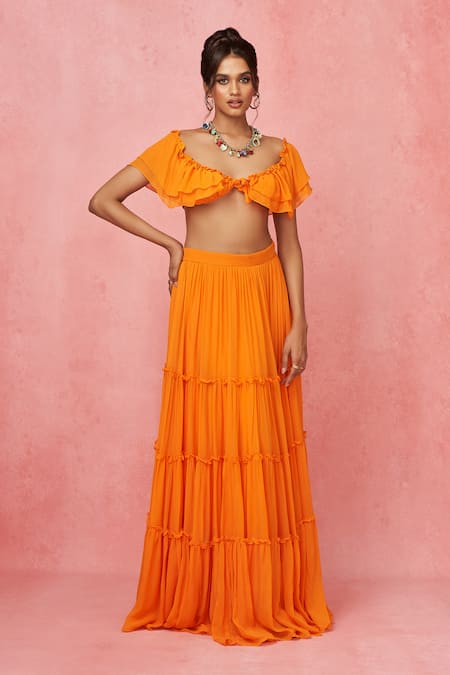 Shop_Label Frow_Orange Viscose Scoop Neck Frilled Crop Top And Skirt Set_Online_at_Aza_Fashions