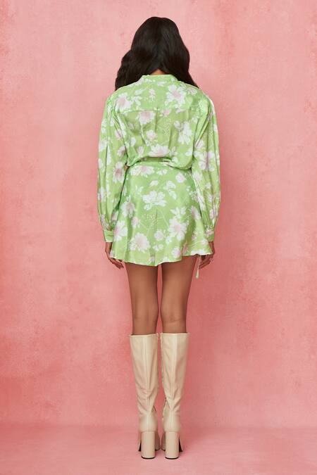 Shop_Label Frow_Green Crepe Collared Sara Floral Print Shirt Skirt Set_at_Aza_Fashions