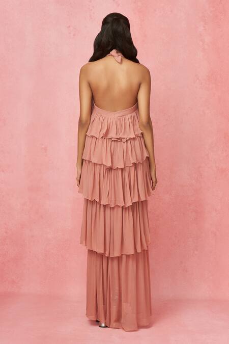Shop Label Frow Pink Viscose, Georgette Halter Neck Layered Floor Length Gown at Aza Fashions Shop_Label Frow_Pink Viscose, Georgette Halter Neck Layered Floor Length Gown_at_Aza_Fashions
