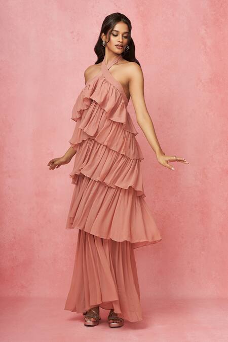 Label Frow_Pink Viscose, Georgette Halter Neck Layered Floor Length Gown_Online_at_Aza_Fashions