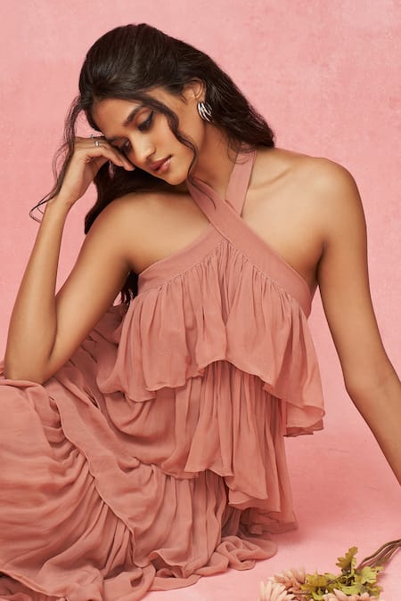 Buy_Label Frow_Pink Viscose, Georgette Halter Neck Layered Floor Length Gown_Online_at_Aza_Fashions
