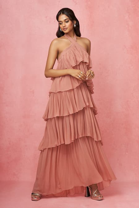 Shop_Label Frow_Pink Viscose, Georgette Halter Neck Layered Floor Length Gown_Online_at_Aza_Fashions
