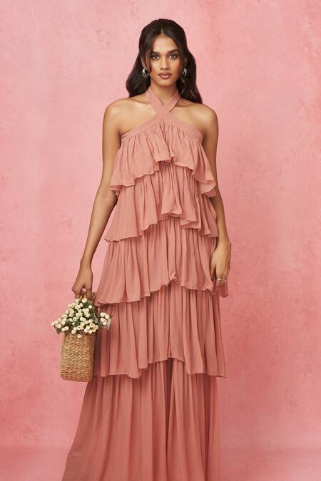 Label Frow_Pink Viscose, Georgette Halter Neck Layered Floor Length Gown_at_Aza_Fashions