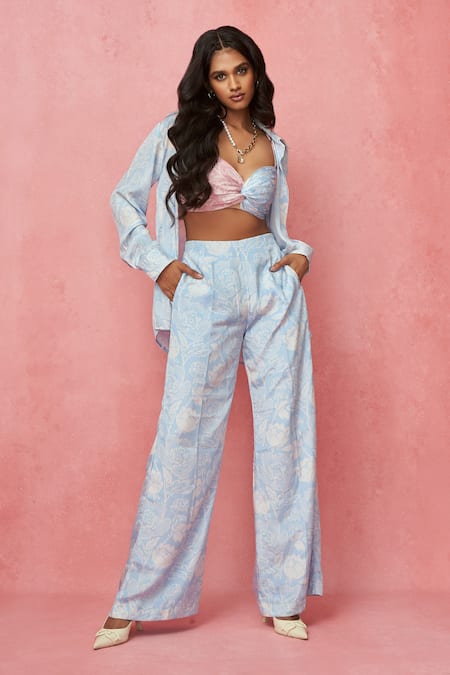 Label Frow Blue Crepe Printed Floral Bustier Sweetheart Shirt Pant Set 