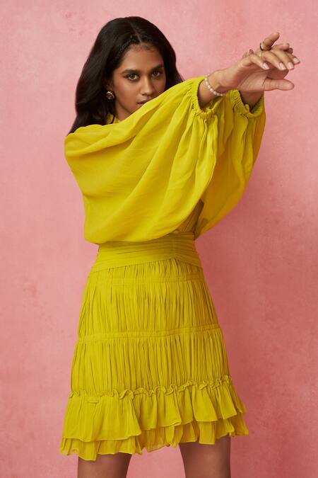 Label Frow_Yellow Viscose, Georgette Collared, V-neck June Pleated Short Dress_Online_at_Aza_Fashions
